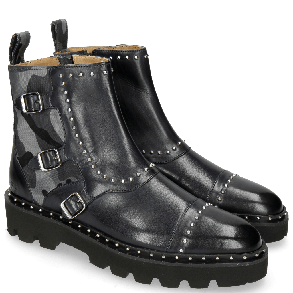 Botki Susan 45 Navy Textile Camo Metallic Blue Loop Rivet