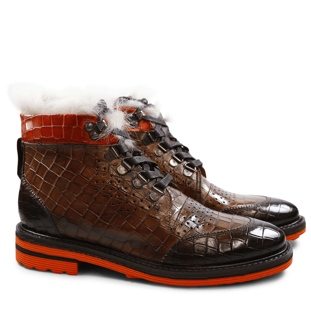 Amelie 23 Crock Dark Brown Mink Winter Orange Laces Dark Brown Fur Lining Taupe Aspen Orange Melvin Hamilton