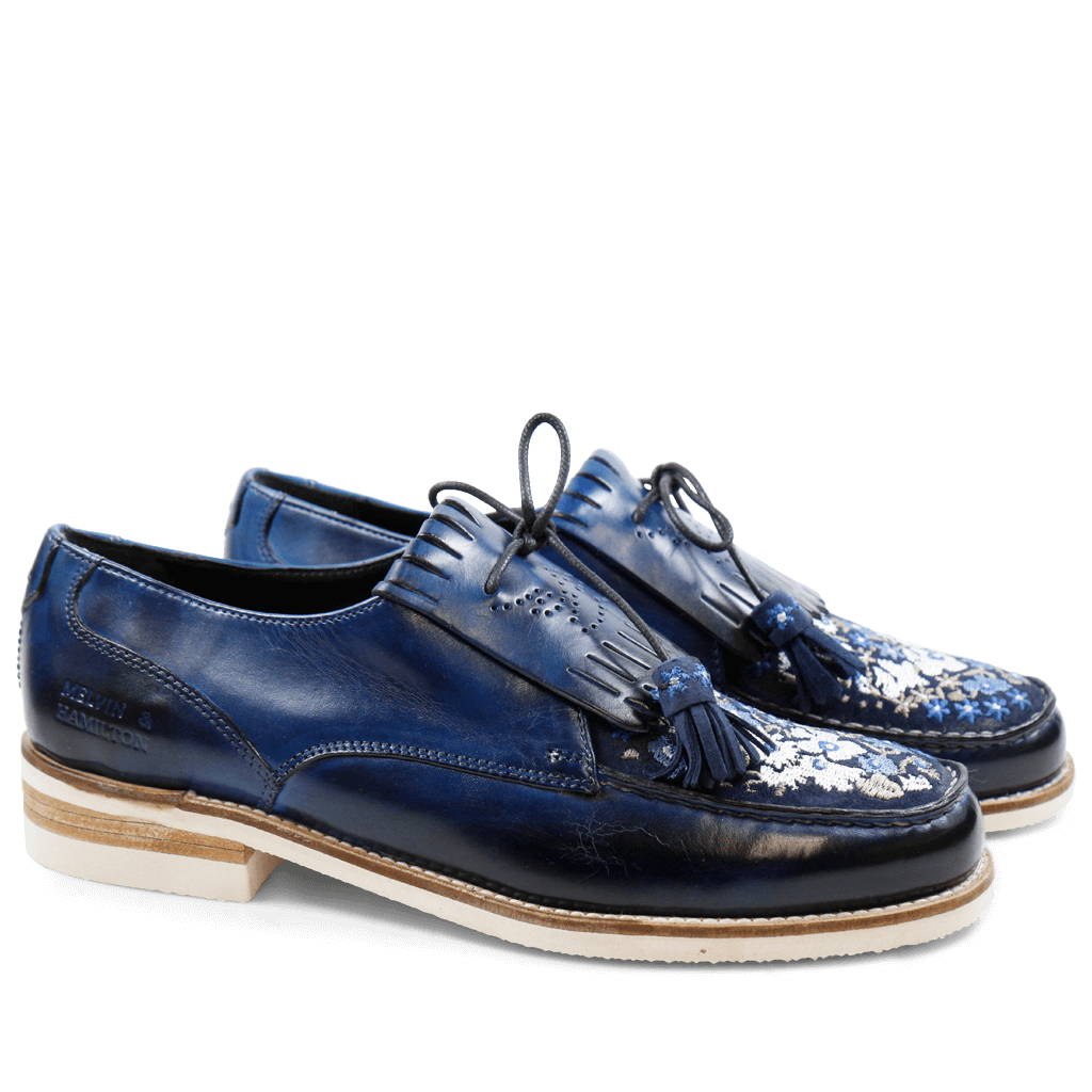Loafers Kelly 9 Baby Brio E-Blue Suede Navy Embroidery Modica White