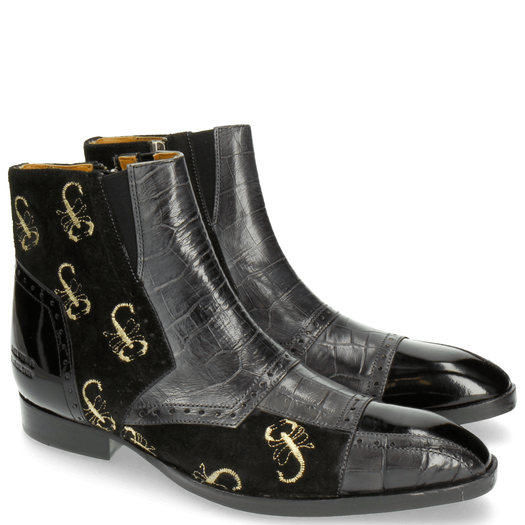 Ankle boots Ricky 11 Big Croco Patent Suede London Fog Black Embrodery Gold Scorpion