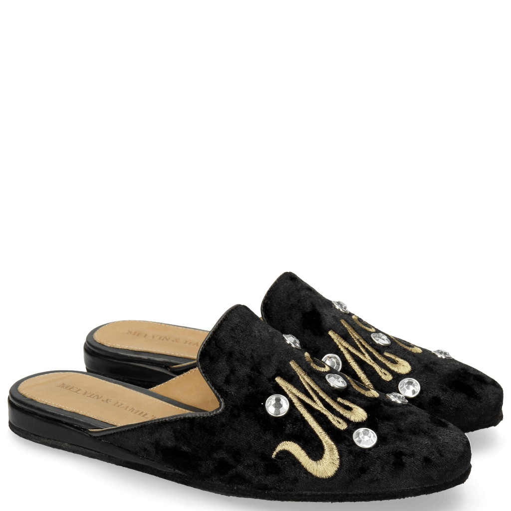 Mules Scarlett 17 Velvet Black Embrodery Gold Home