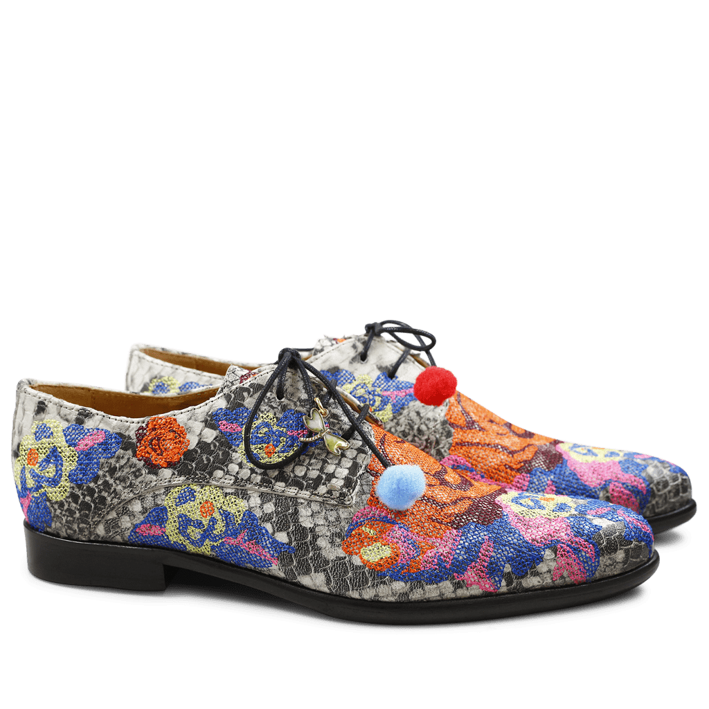 Derbies Keira 1 Snake Black White Orange Embrodery