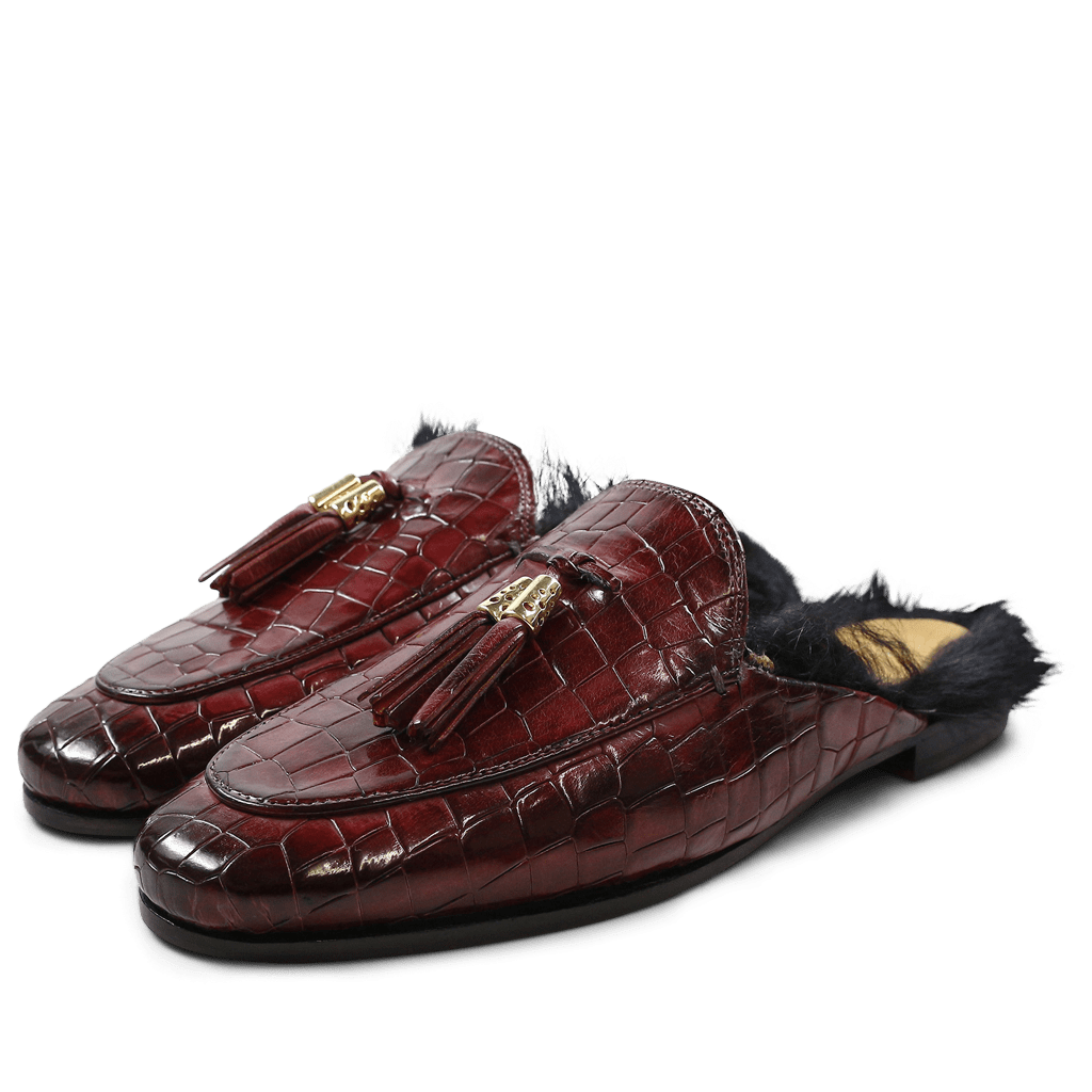 Mules Scarlett 2 Burgundy Tassel Burgundy Fur Lining Black