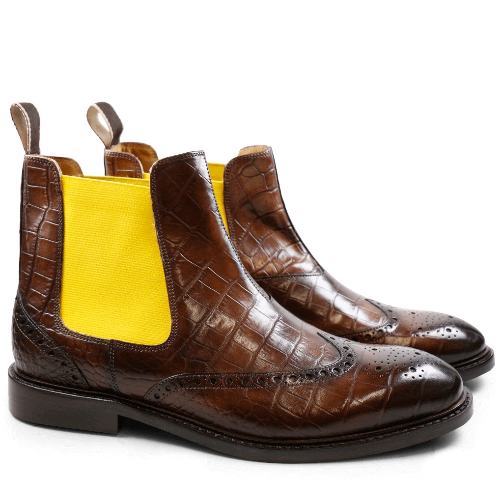 Bottines Matthew 5 Crust Croco Dark Brown Elastic Yellow HRS