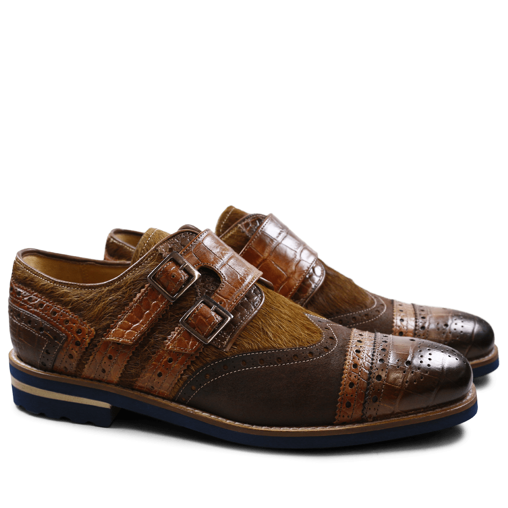 Monks Phil 12 Big Croco Kudu Wax Hair On Chocolate Wood Dark Brown Tan Aspen Navy